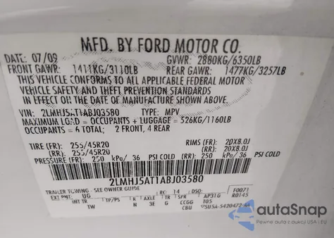 2010 Lincoln Mkt Ecoboost z USA, uszkodzony, nr VIN 2LMHJ5AT1ABJ03580